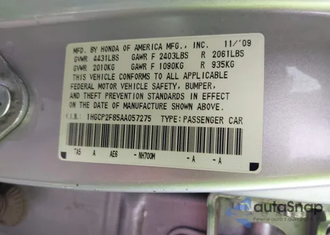 2010 Honda Accord 2.4 Ex-L из США, поврежденный, VIN 1HGCP2F85AA057275